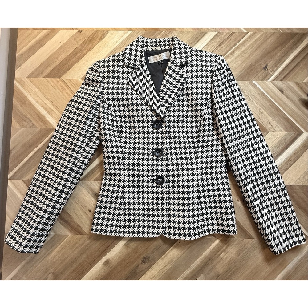 Tahari Arthur S Levine Career Academia 4 White/Blk Houndstooth Leather Button